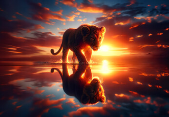 Lion waiting for his prey at the water edge at sunset