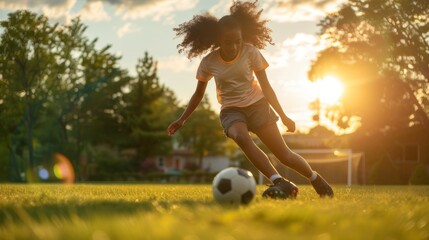 Dynamic image of a mixed race woman kicking a soccer ball on a grassy field at sunset