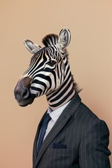 zebra in a suit on a beige background.