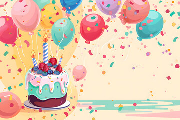 A birthday or gift card design with a festive theme like sport, cake, cute animal, party.
E-card for greetings celebration event with some space for messages or photos.