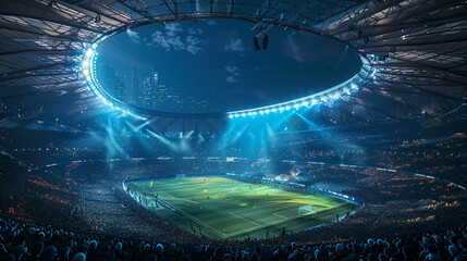a football game being played in a futuristic, high-tech stadium