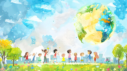 Naklejka premium children play and earth globe, earth day concept ,kids play together,children's day concept illustration background,Generative Ai 