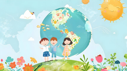 children play and earth globe, earth day concept ,kids play together,children's day concept illustration background,Generative Ai