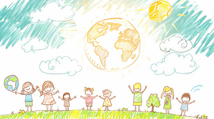 Obraz premium children play and earth globe, earth day concept ,kids play together,children's day concept illustration background,Generative Ai