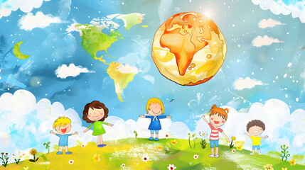 Fototapeta premium children play and earth globe, earth day concept ,kids play together,children's day concept illustration background,Generative Ai 