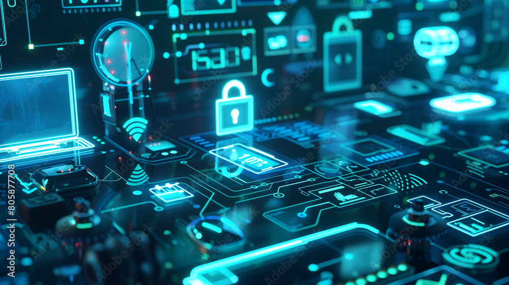 Poster interconnected smart devices protected by encryption and cybersecurity protocols to prevent unauthor