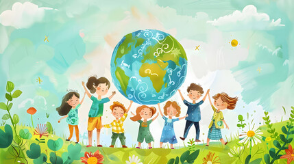 children play and earth globe, earth day concept ,kids play together,children's day concept illustration background,Generative Ai	