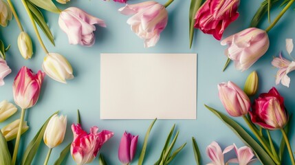Happy Mother's day. Empty card on background with tulip flowers. Holiday greeting card, poster, banner concept.