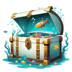 underwater sunken treasure chest, white background, as an illustration, vector graphics for decoration, banner print, interior wall painting