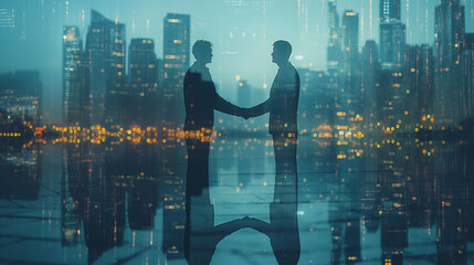Double exposure of financial chart on cityscape background with two businessmen handshake. Concept of financial analysis and investment opportunities.