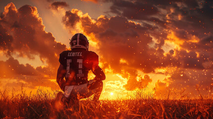 A lone American football player silhouetted against a fiery sunset, kneeling on the field after a...