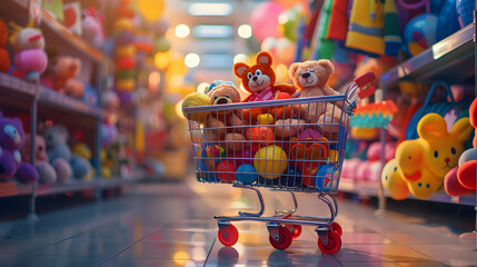 colorful kids toys in the shopping cart with nature background,kids play toys,children's day concept ,Generative Ai