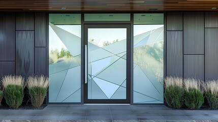 Contemporary entrance with a geometric door design and frosted glass panels