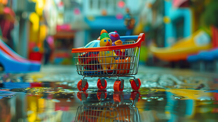 colorful kids toys in the shopping cart with nature background,kids play toys,children's day concept ,Generative Ai