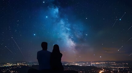 Milky Way with silhouette of people on the landscape with night starry sky. Man and woman on the mountain with star light. Hugging couple against purple sky. Beautiful galaxy Universe. 