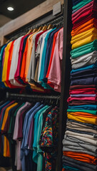 Fashion Spectrum, Assorted Colorful T-shirts Hung on Display for Sale in a Store.