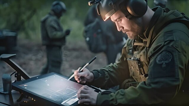 Soldier in uniform analyze data on a tablet and work out drones tactics at a temporary base.generative ai