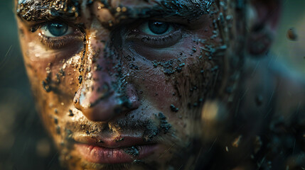 A photorealistic close-up of a rugby player's face, mud splattered and determined, moments before a...
