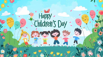 Happy children's day ,world children's day ,cartoon illustration,children's day concept background,Generative Ai