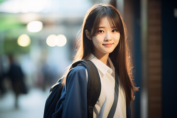 Obraz premium Teen pretty Japanese girl at outdoors with a student backpack