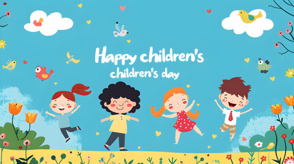 Naklejka premium Happy children's day ,world children's day ,cartoon illustration,children's day concept background,Generative Ai