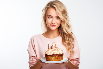 Young pretty blonde girl over isolated white background holding birthday cake