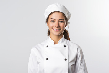 Young pretty brunette girl over isolated white background in chef uniform