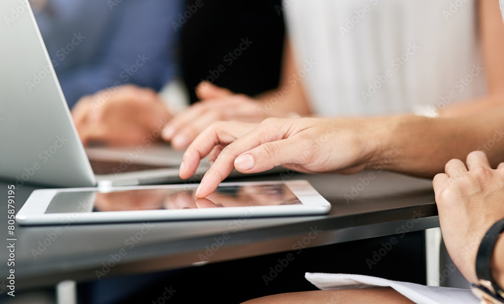 Poster Office, hands and tablet for scroll on table for information, browsing and typing email. Workplace, business people and technology for connection, networking and screen of company website online