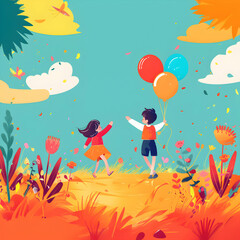 children playing field with balloons ,kids play together,children's day concept illustration background,Generative Ai	