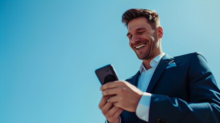 A happy businessman smile and using cell phone