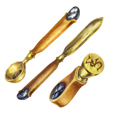 Seals, spoon for melting sealing wax from an antique writing set made of bronze with mahogany handles and semi-precious stone. Watercolor illustration for template for antique store, calligrapher