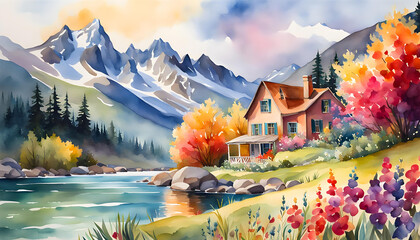 Watercolor illustration, beautiful landscape in the wind and river bank with mountains in the background during sunset,