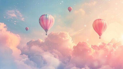 Naklejka premium A whimsical illustration of hot air balloons floating against a dreamy pastel sky