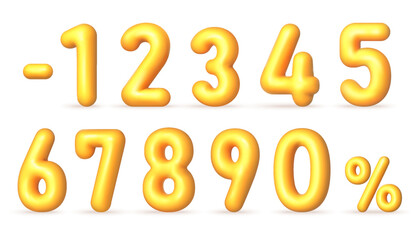 Yellow 3D realistic numbers. Voluminous inflated numbers, discount percentages 0,1, 2, 3,4, 5, 6, 7, 8, 9. Vector illustration