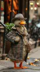 Dapper duck waddles through city streets in stylish attire, embodying street fashion with avian charm.