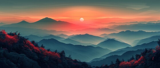 Stunning landscape with sunset on lush mountains, starry night sky with bright moon.