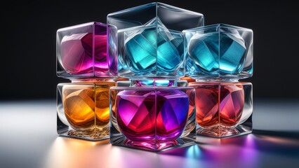 Colorful glass cubes with liquid on black background. 3D rendering