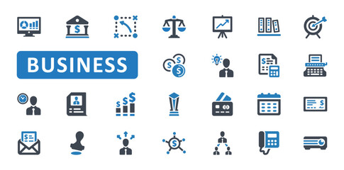 Business Icon Set. management, finance, investment, budget, startup, profit, teamwork, hierarchy, bank, banking, goal, idea. Blue Solid icons. Vector illustration