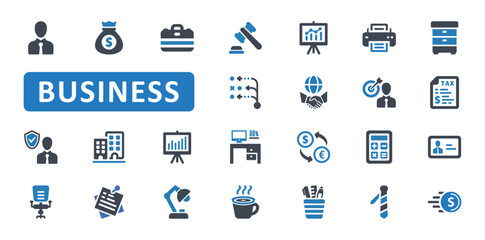 Business Icon Set. finance, office, profit, investment, planning, strategy, goal, management, businessman, company, banking, insurance. Blue Solid icons. Vector illustration