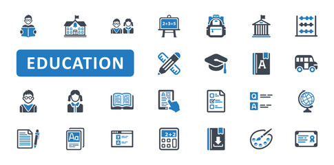 Education icon set. learning, study, student, students, graduation, university, school, professor, teacher, classroom, elearning, book. Blue Solid icons. Vector illustration
