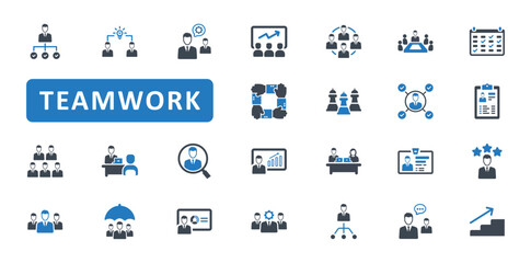 Teamwork icon set. team, leader, business, management, manager, leadership, working together, group, organization, meeting, cooperation. Blue Solid icons. Vector illustration