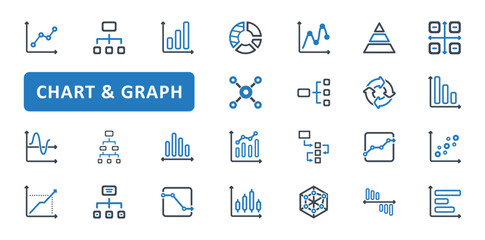 Chart icon set. graph, diagram, statistics, analysis, analytics, flowchart, workflow, hierarchy, sales, report, growth, increase, business, data. Blue Solid icons. Vector illustration