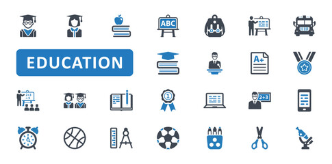 Education icon set. learning, study, student, students, graduation, university, school, professor, teacher, classroom, elearning, book. Blue Solid icons. Vector illustration