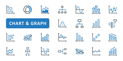 Chart icon set. graph, diagram, statistics, analysis, analytics, flowchart, workflow, hierarchy, sales, report, growth, increase, business, data. Blue Solid icons. Vector illustration