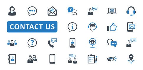 Contact us icon set. contact, us, hot line, information, support, help, service, mail, phone, chat, call, address, email, customer. Blue Solid icons. Vector illustration