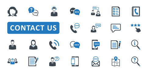 Contact us icon set. contact, us, hot line, information, support, help, service, mail, phone, chat, call, address, email, customer. Blue Solid icons. Vector illustration