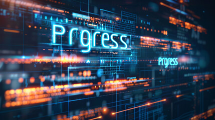 Isolated "Progress" text with a futuristic digital interface in the background, signifying advancement and development in technology.
