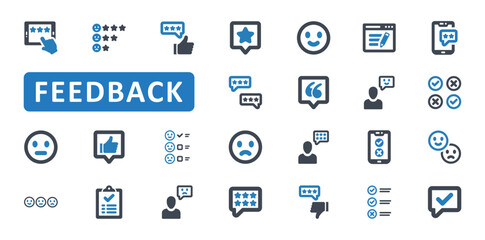 Feedback Icon Set. review, rating, satisfaction, survey, rate, customer, support, service, help, like, positive, opinion, questionnaire. Blue Solid icons. Vector illustration