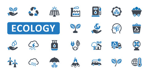 Ecology Icon Set. Environment, recycle, renewable, energy, nature, sustainability, eco, ecological, recycling, reusing, plant. Blue Solid icons. Vector illustration