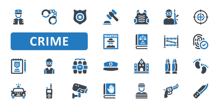 Crime Icon Set. criminal, police, investigation, handcuff, justice, terrorist, weapon, gun, knife, evidence, footprint, fingerprint. Blue Solid icons. Vector illustration